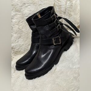 FRYE Black Leather Moto Buckle Boots | 9.5 | Harness Strap Zip Ankle Booties